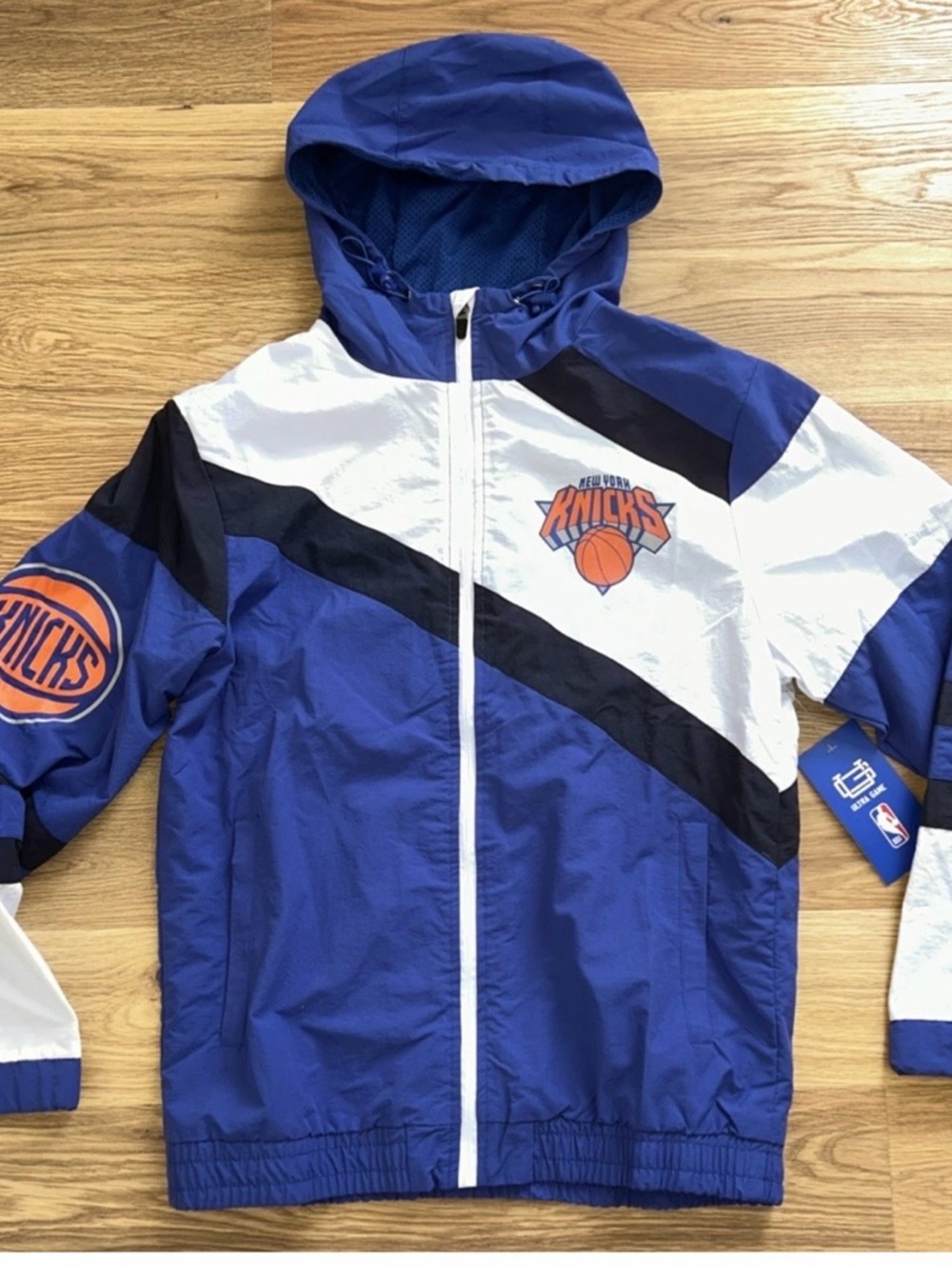 NBA New York Knicks Blue White Black Hooded Windbreaker